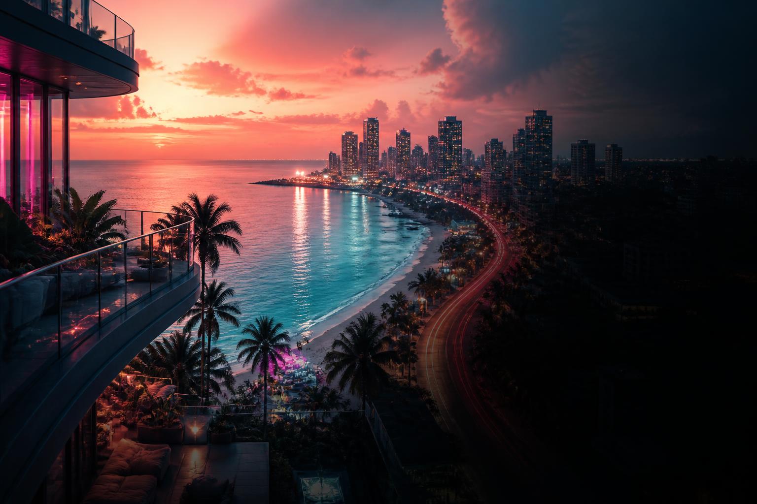 Neon-lit tropical coastal city at sunset